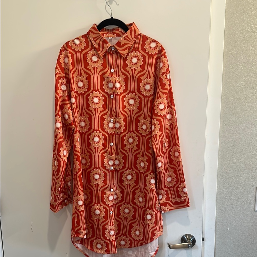 Vintage Retro Floral Orange and White long sleeve shirt dress with detached belt